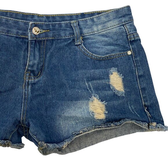 Jeans Low Rise Y2K Style Distressed Cut-Off Raw Hem Denim Blue Jean Shorts Sz 33 - Picture 6 of 9